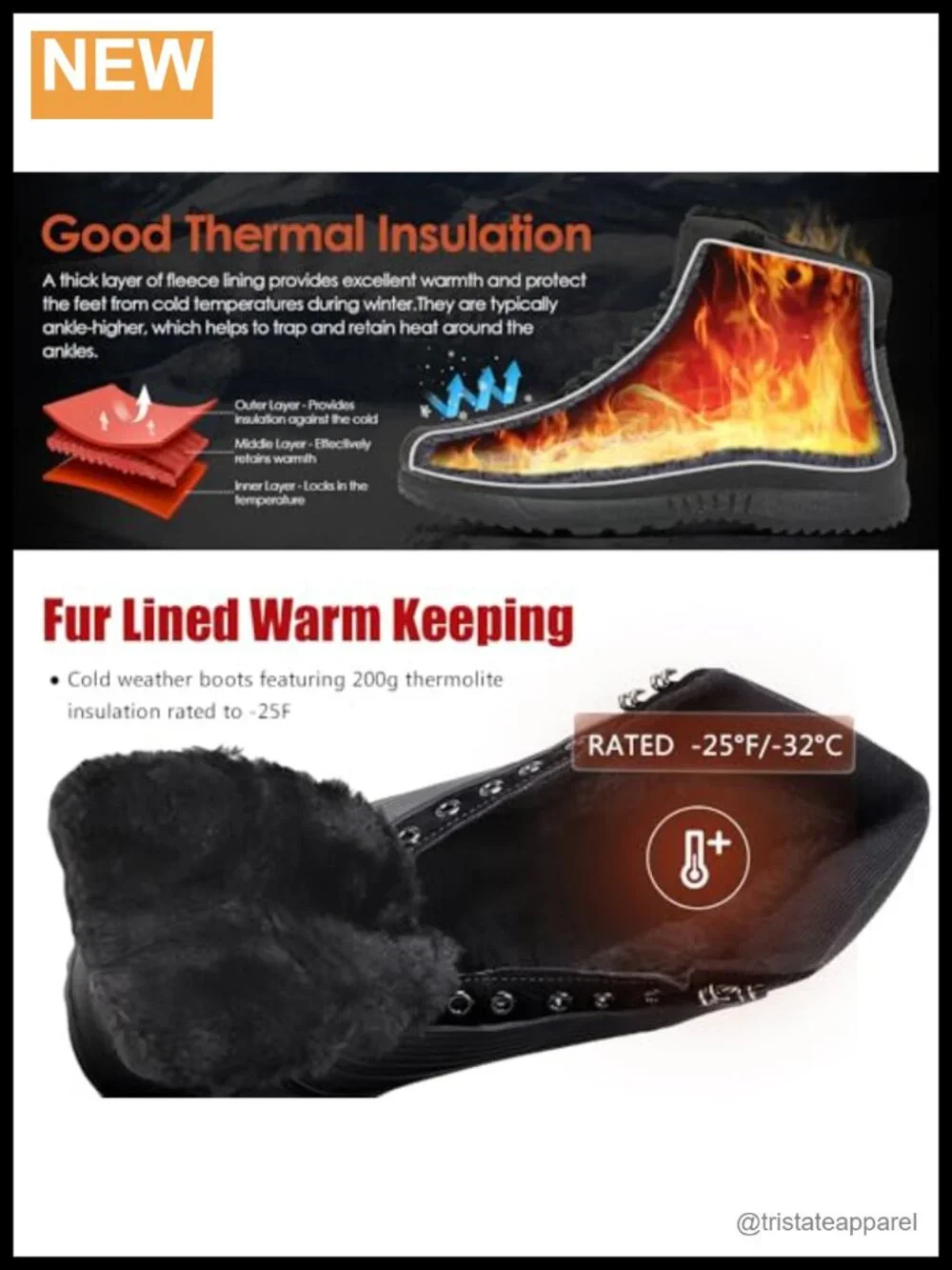 Insulated Waterproof Fur Lined Snow Boots Non Slip Lightweight Winter Shoes